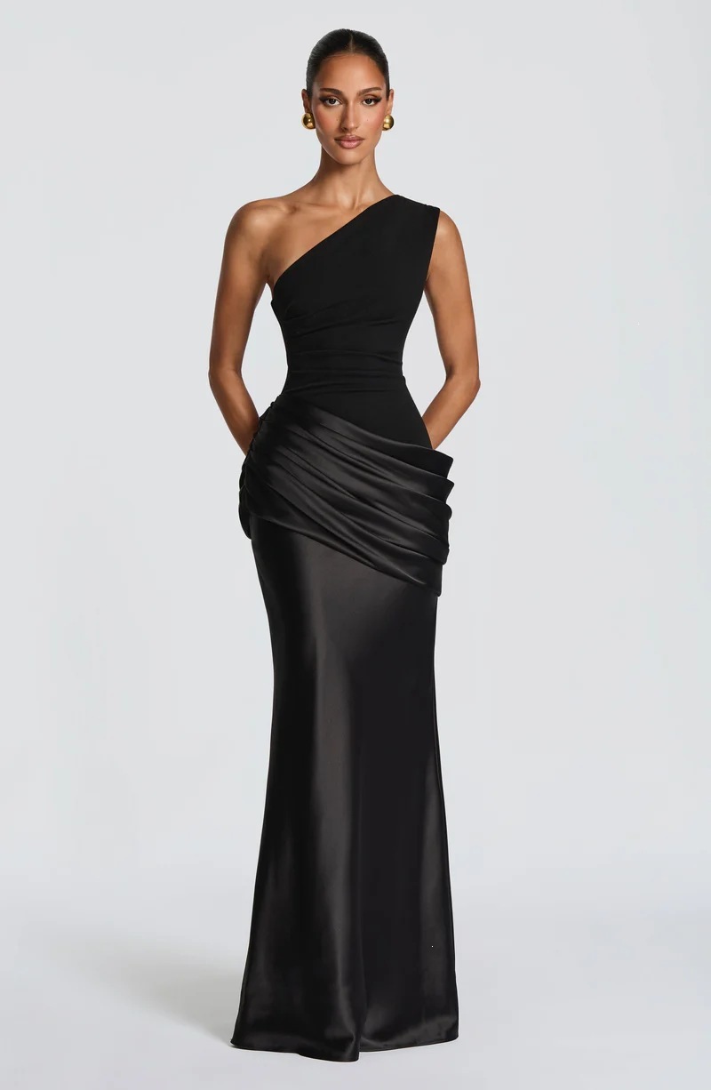 One-Shoulder Ruched Satin Bodycon Maxi Dress