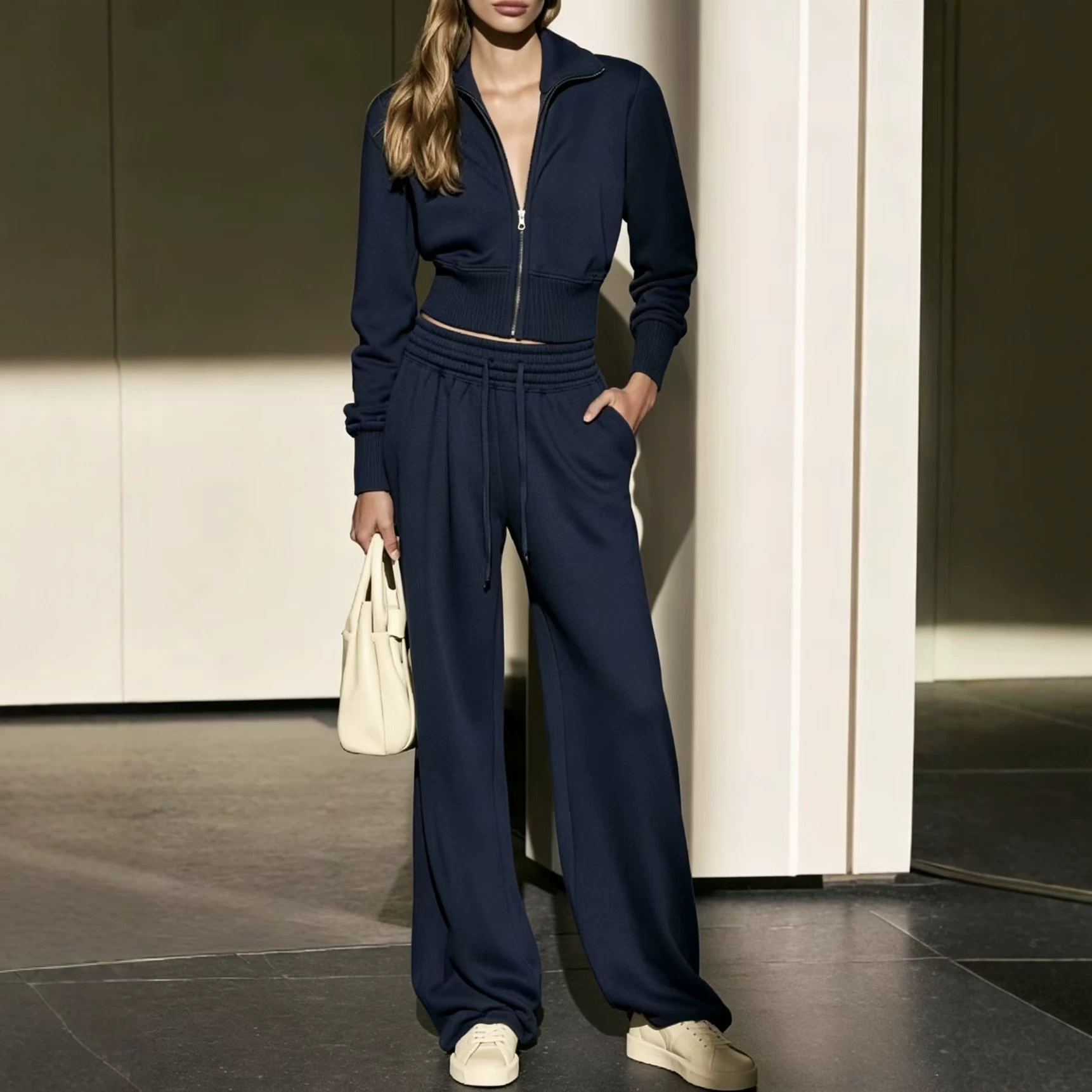 Women's Two-Piece Zip Cardigan Sweatshirt and Wide-Leg Pants Set