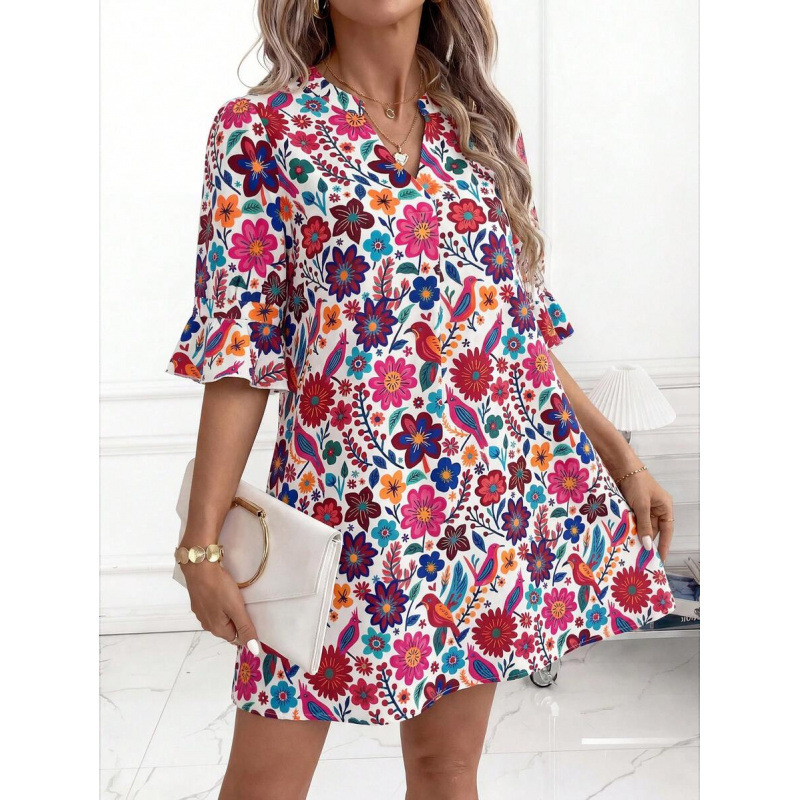Floral Print V-Neck Short Sleeve Midi Dress