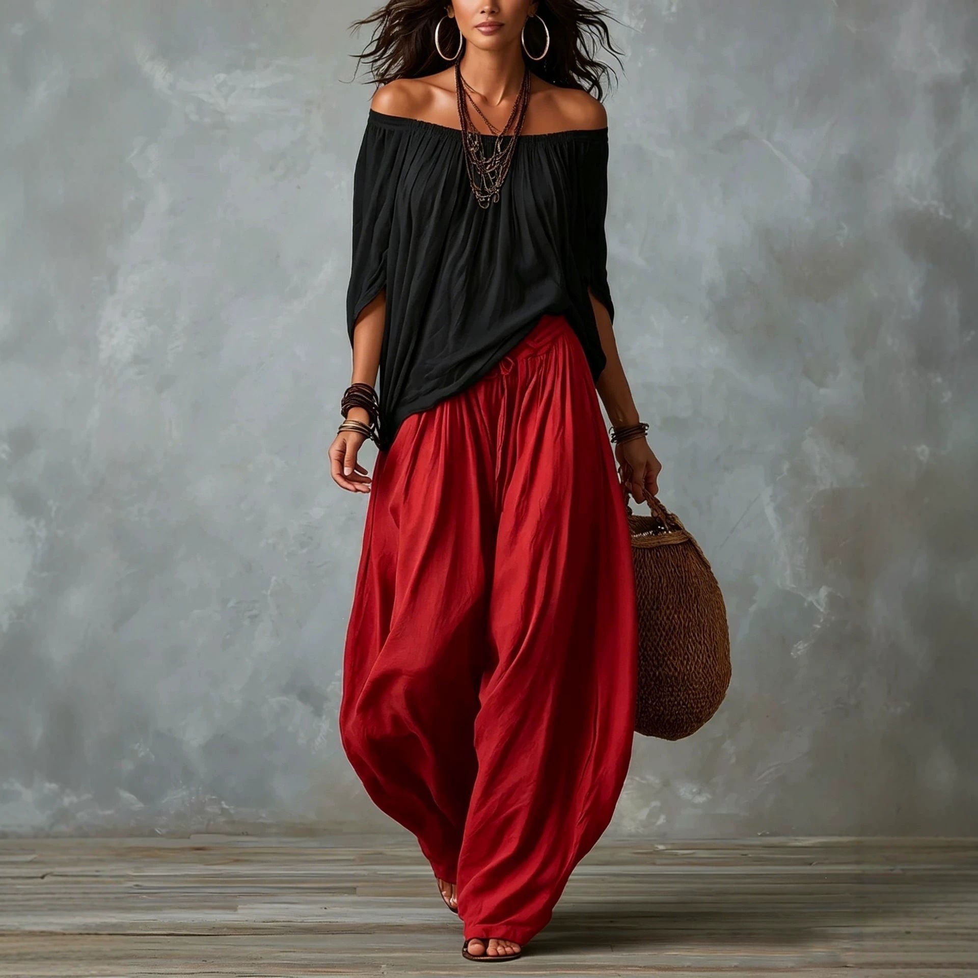 Women's Long Loose Off-Shoulder Top and Lantern Pants Set