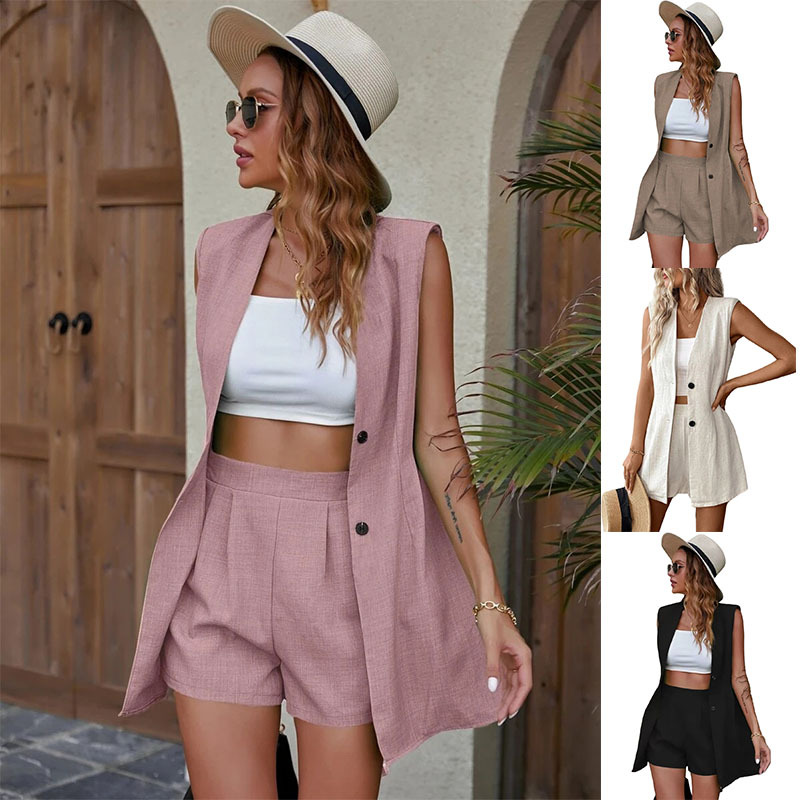 Women's Sleeveless Blazer Vest and Shorts Set Cotton Linen