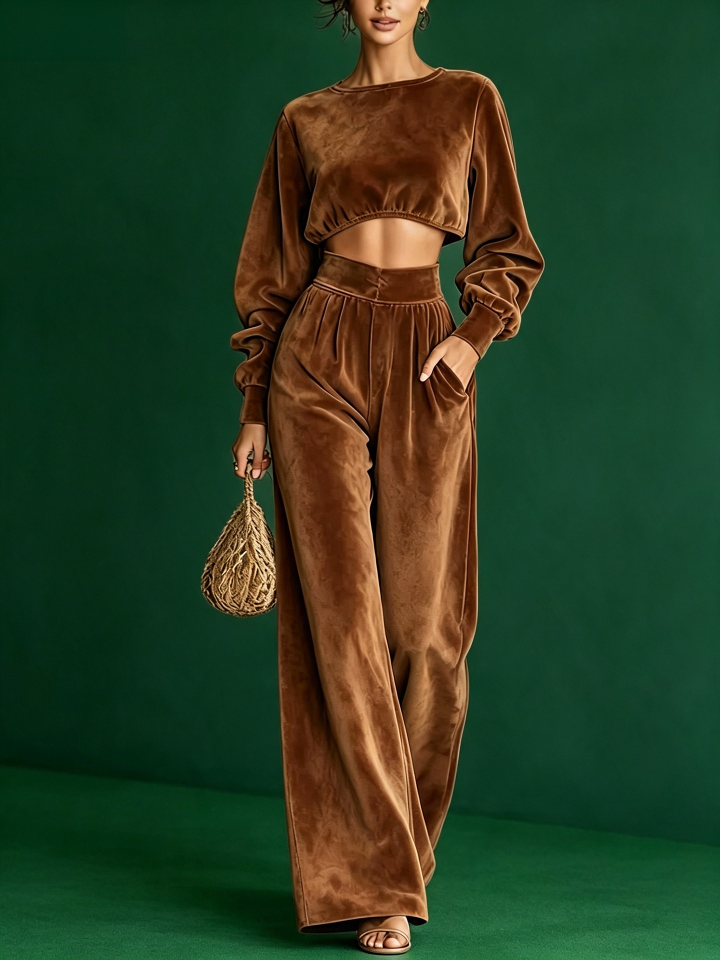 Elegant Christmas Two-Piece Set with Cropped Top and Wide-Leg Pants