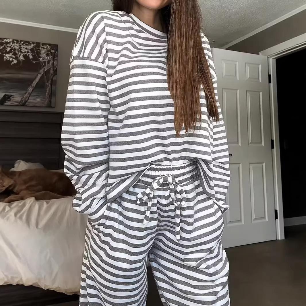 Striped Long-Sleeve Top and High-Waist Pants Casual Set