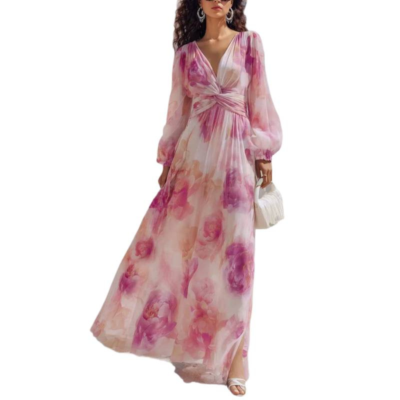 Floral Print V-Neck Long Sleeve Maxi Dress