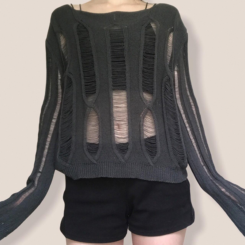 Women's Round Neck Long Sleeve Hollow Out Knit Sweater Loose Casual Pullover