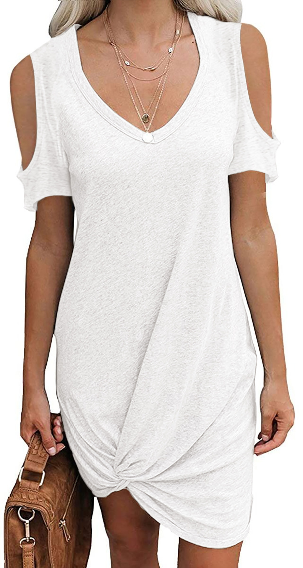 Women's Off-Shoulder Twist Knot Short Sleeve T-Shirt Dress Solid Color