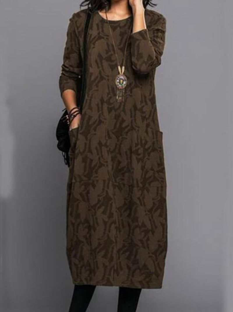 Women's Round Neck Long Sleeve Pocket Dress Casual Floral Print