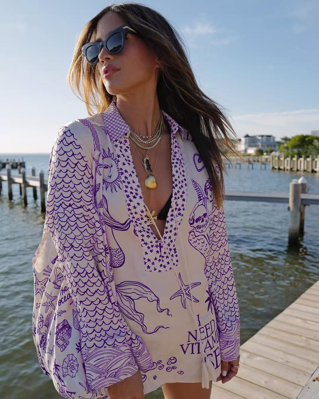 Printed Low-Neck Long-Sleeve Top and Shorts Two-Piece Set