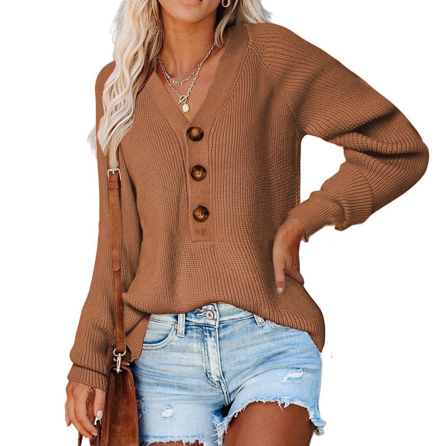 Button-Front V-Neck Knit Sweater for Women, Cotton Blend, Loose Fit, Long Sleeve