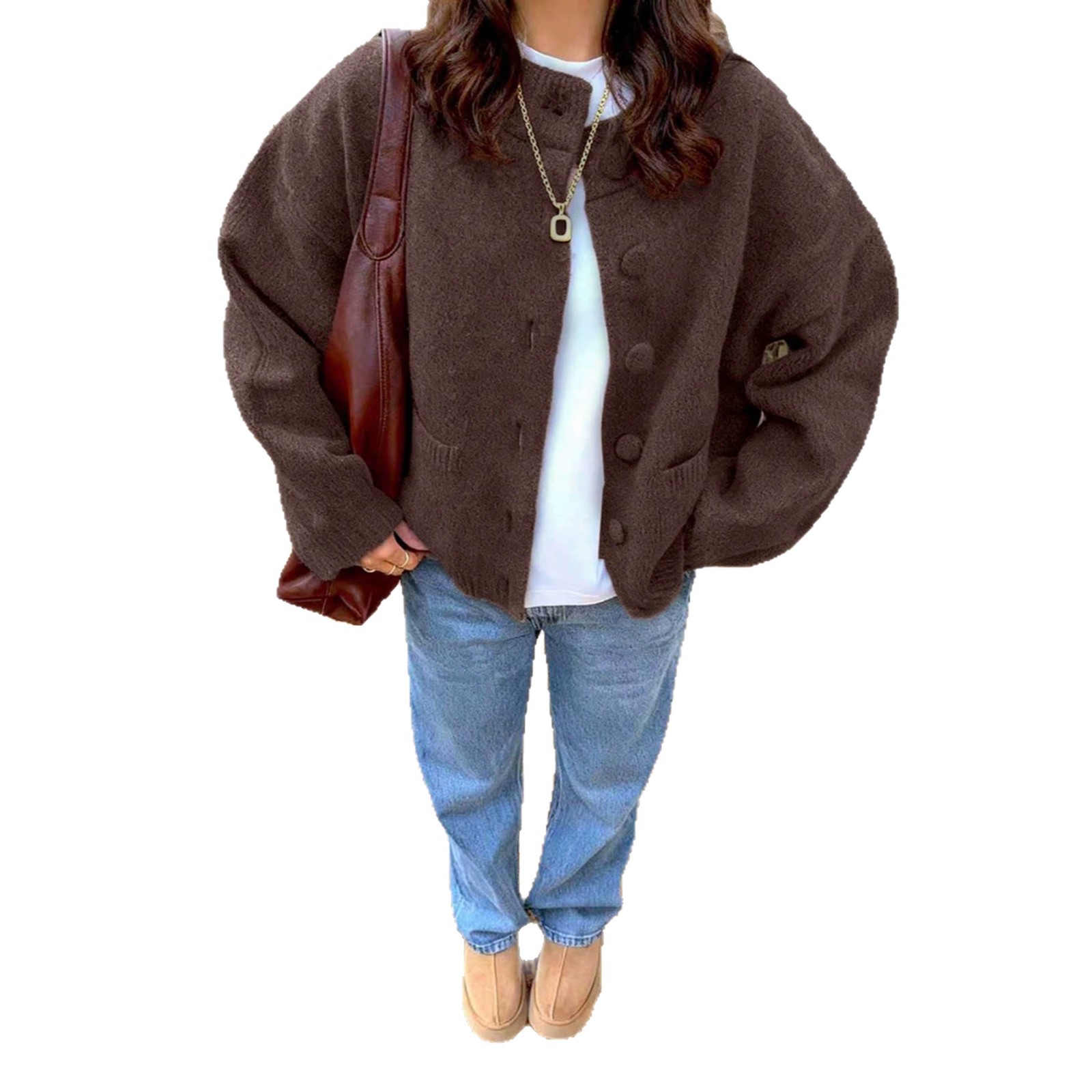 Women's Knit Cardigan Sweater, Solid Color Single-Breasted Round Neck with Pockets, Loose Fit