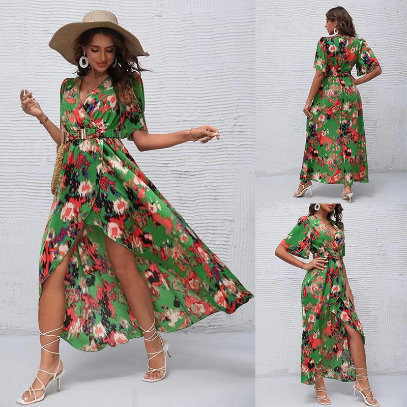 Women's Summer V-Neck Short Sleeve Irregular Hem Beach Dress