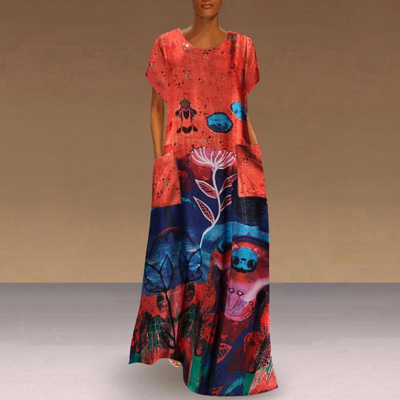 Women's Summer Short Sleeve Printed Casual Long Dress