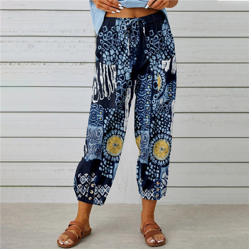 Cotton-Linen High-Waist Drawstring Cropped Pants with Vintage Print