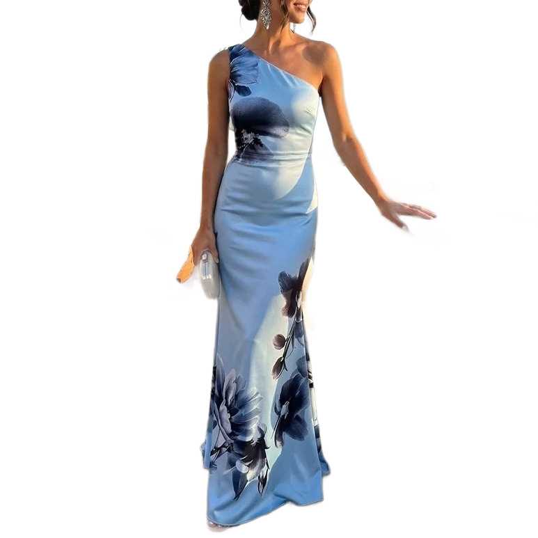 Blue Printed One-Shoulder Long Dress Elegant Evening Gown