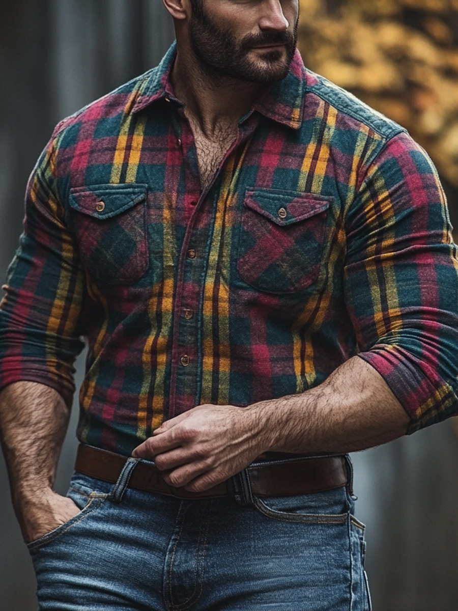 Men's Plaid Print Fleece-Lined Button-Down Shirt with Pockets