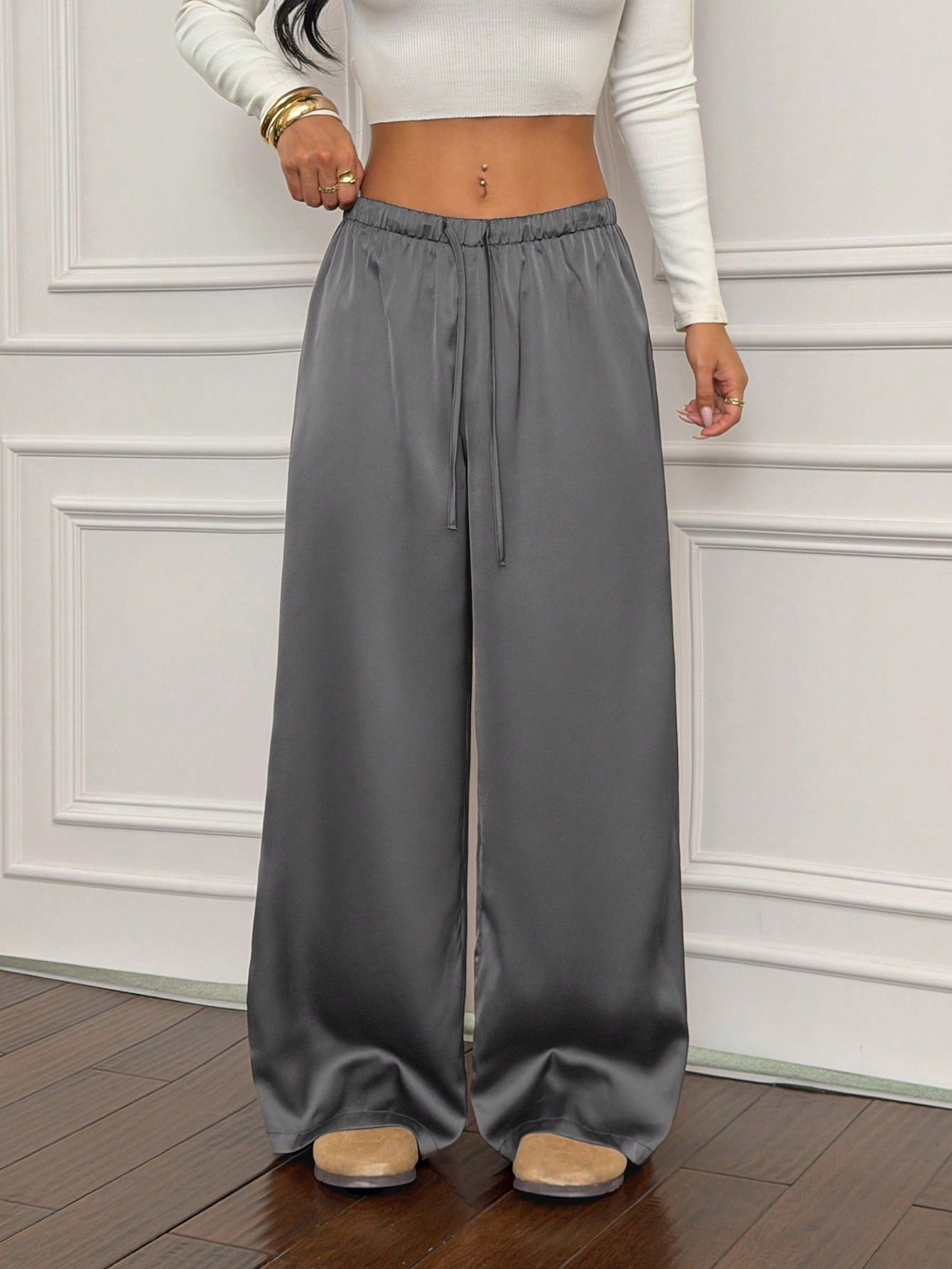 Satin High-Waist Wide-Leg Pants for Women, Loose Casual Drape
