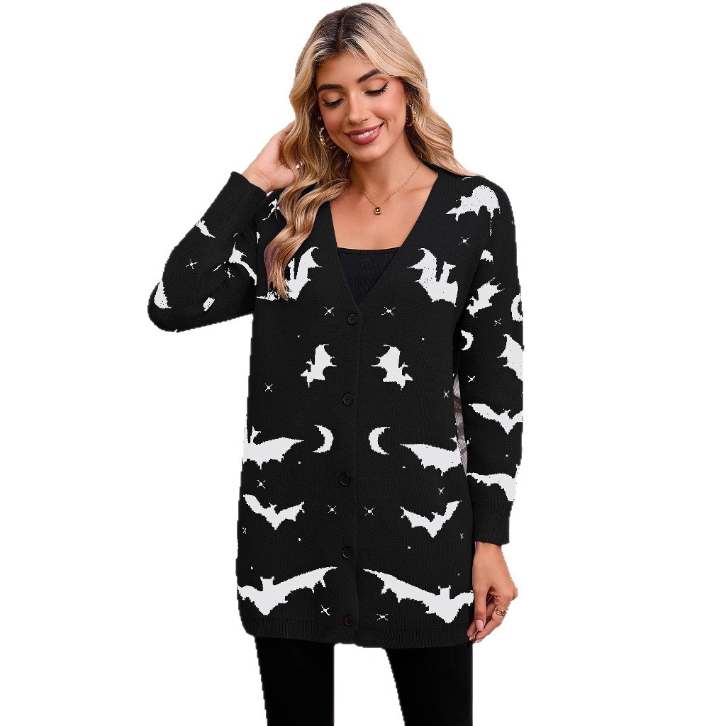 Halloween Bat Jacquard Long Sleeve Cardigan Sweater
