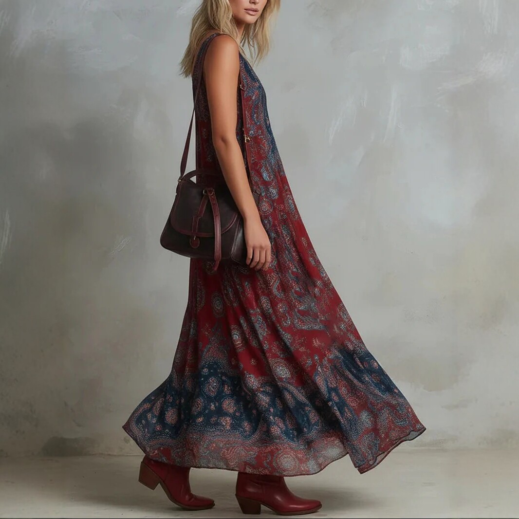 V-Neck Sleeveless Printed Maxi Dress