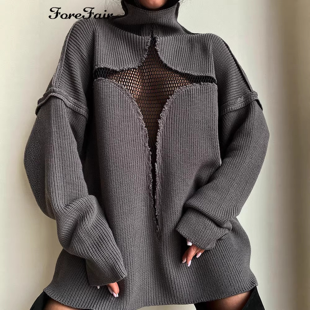 Sexy Sheer Mesh Open-Knit Pullover Sweater