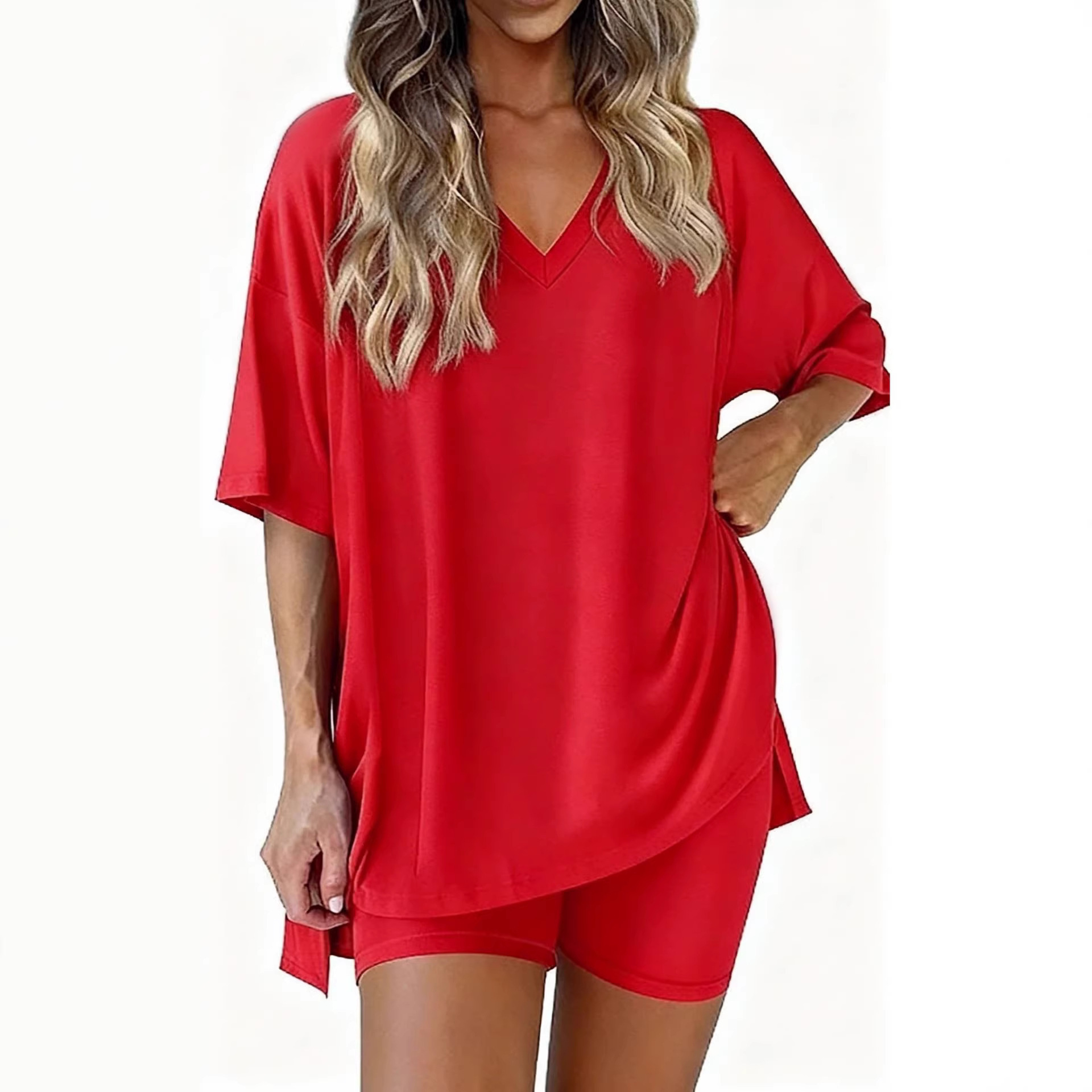 V-Neck Solid Color Loose Loungewear Set