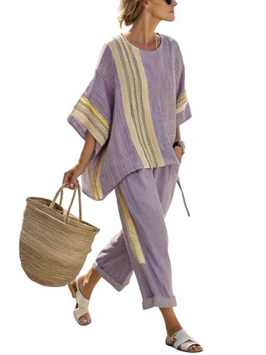 Bohemian Print Women's Two-Piece Set with Crew Neck, Three-Quarter Sleeves, and Cropped Pants