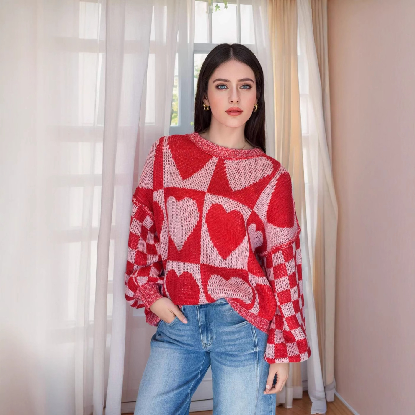 Loose Fit Heart Pattern Mid-Length Sweater Lazy Style Thick Round Neck Knit Top