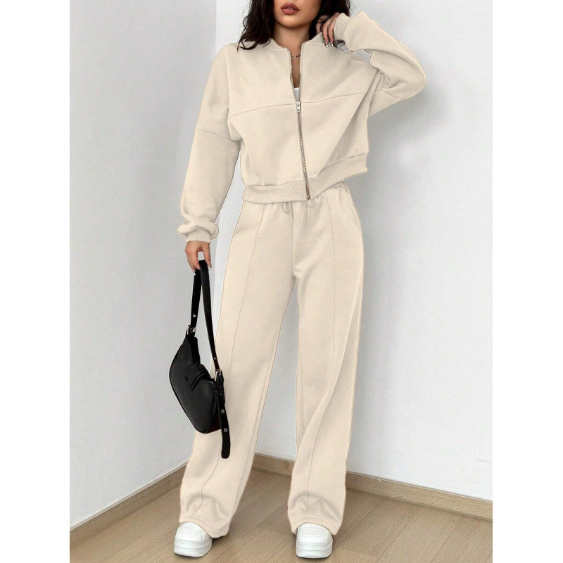 Women's Solid Color Zip-Up Long Sleeve Top and Drawstring Pants Set