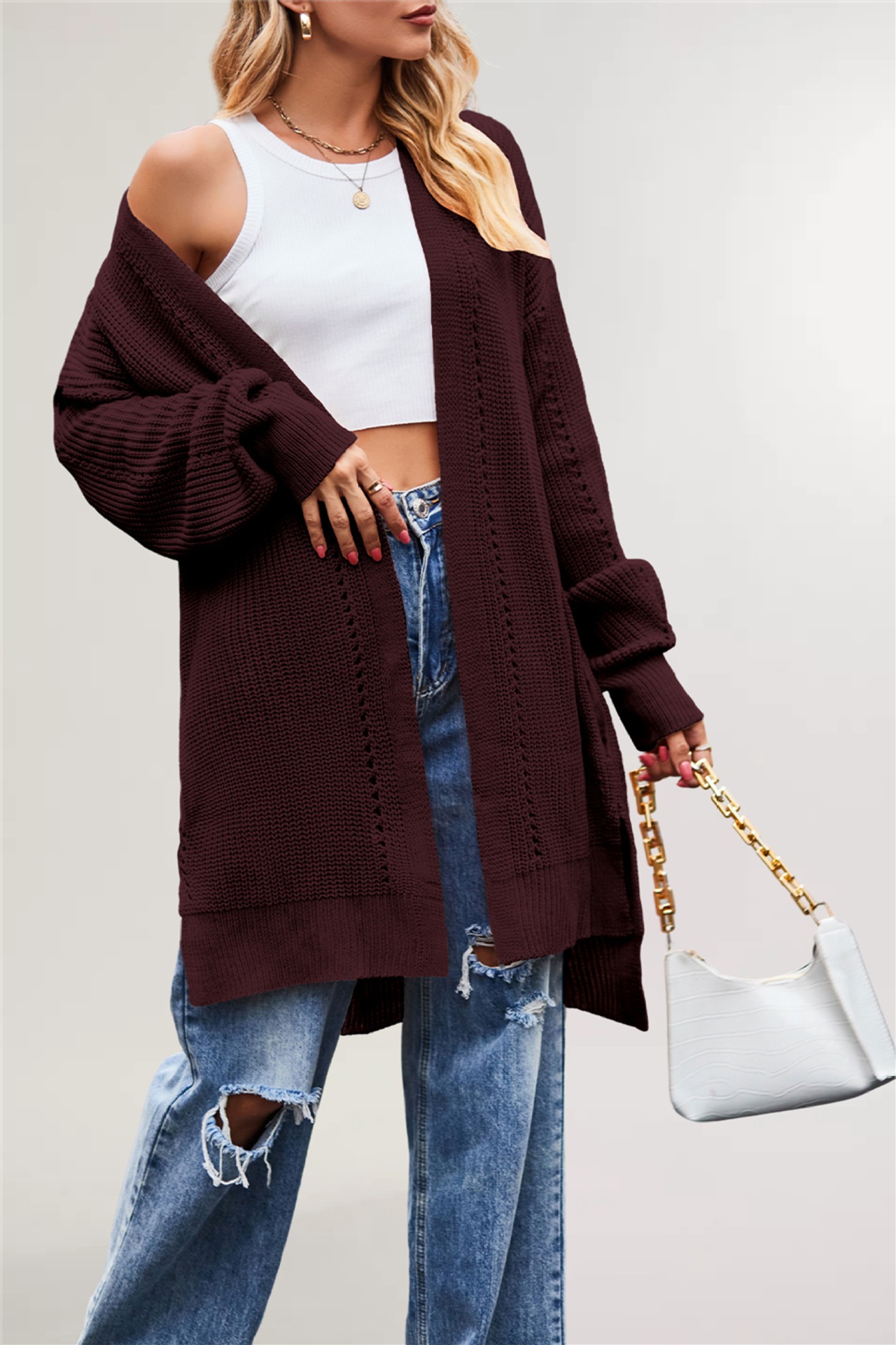 Women's Solid Color Loose Knit Cardigan with Pockets