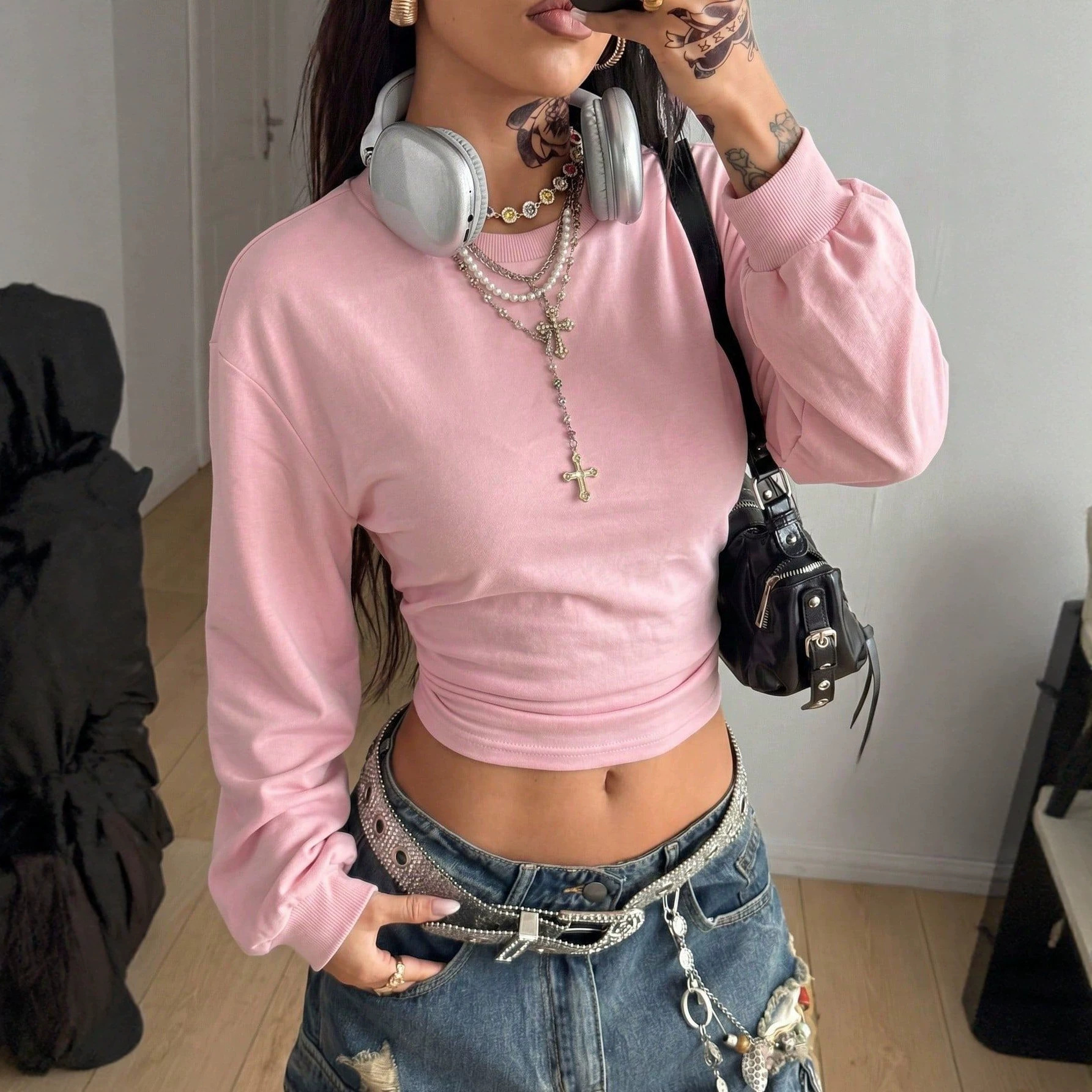 Women's Cropped Slim Fit Y2K Crewneck Solid Color Sweatshirt