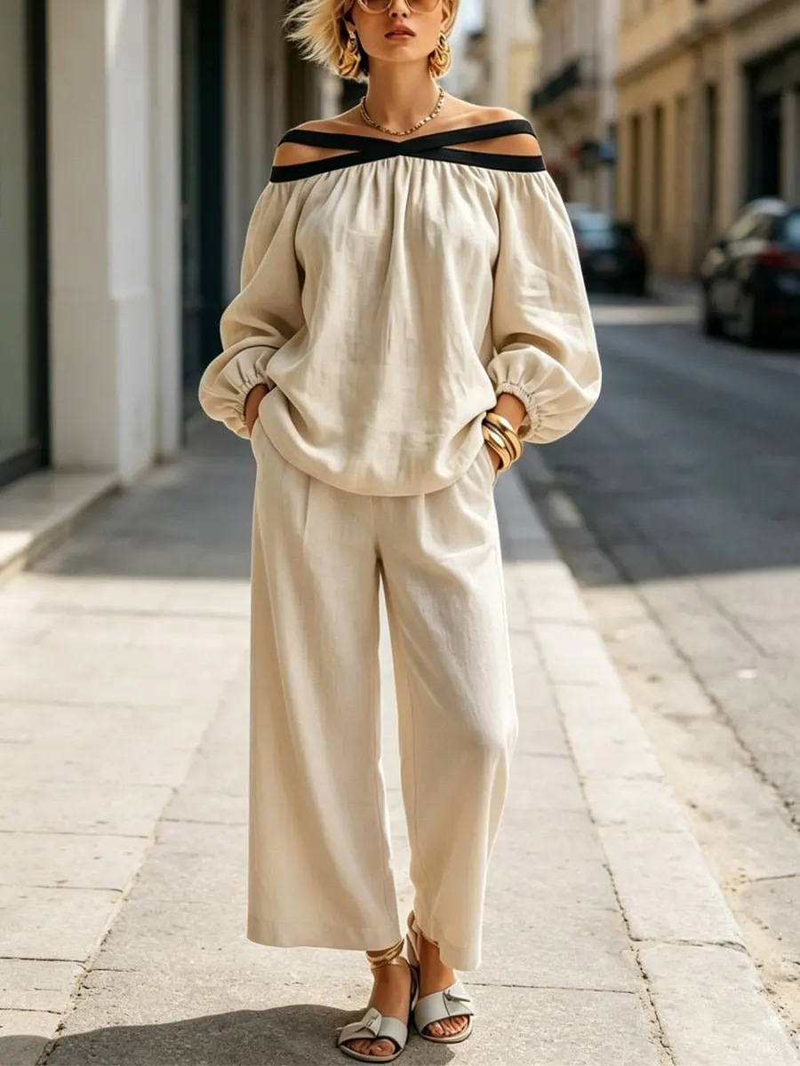 Women's Cross Off-Shoulder Puff Sleeve Top & Wide-Leg Pants Two-Piece Set