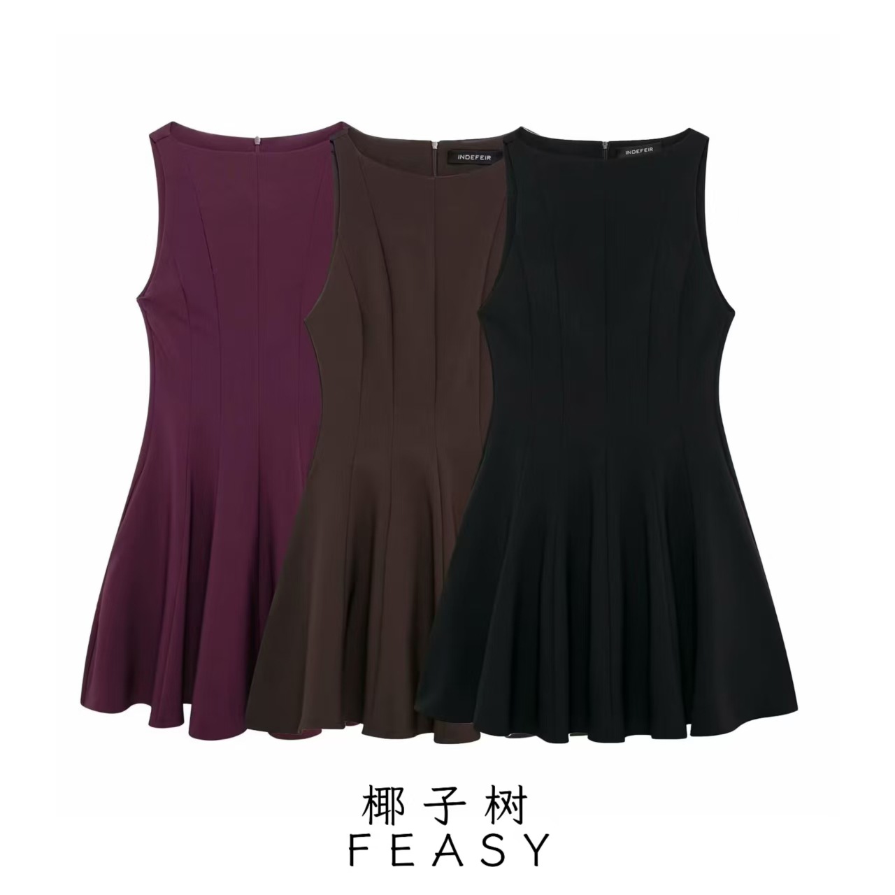 Women's A-Line Short Dress with Wide Hem, Sleeveless Round Neck, Solid Color