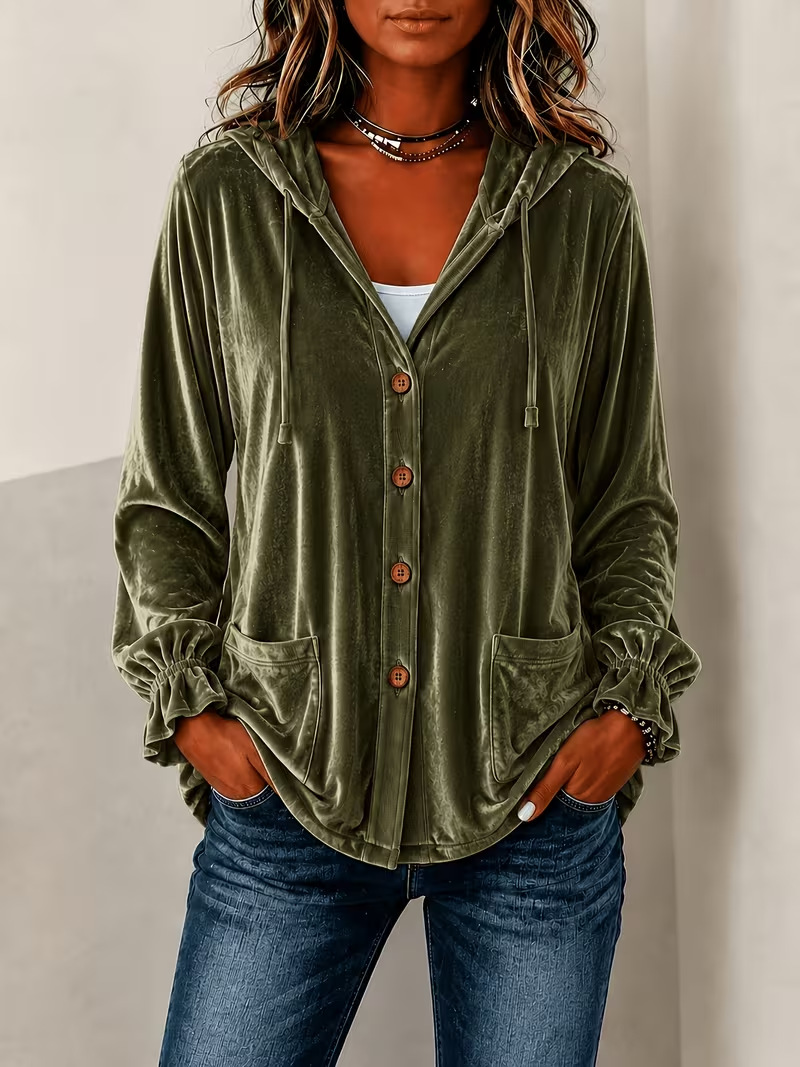 Annuo Self-Developed 2026 European and American Button Velvet Hooded Cardigan Jacket Fall Winter New Cross-Border Solid Color Casual Hooded