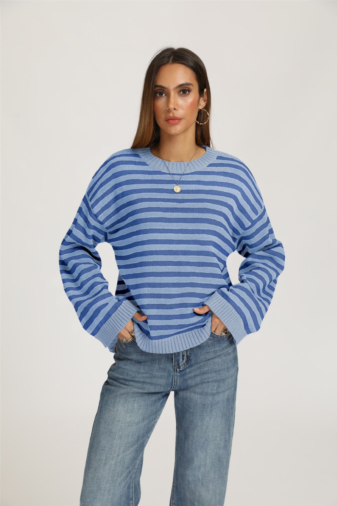 Striped Crewneck Pullover Sweater Loose Knit Top