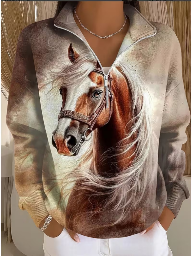 Cute Animal Print Half-Zip Hoodie for Women
