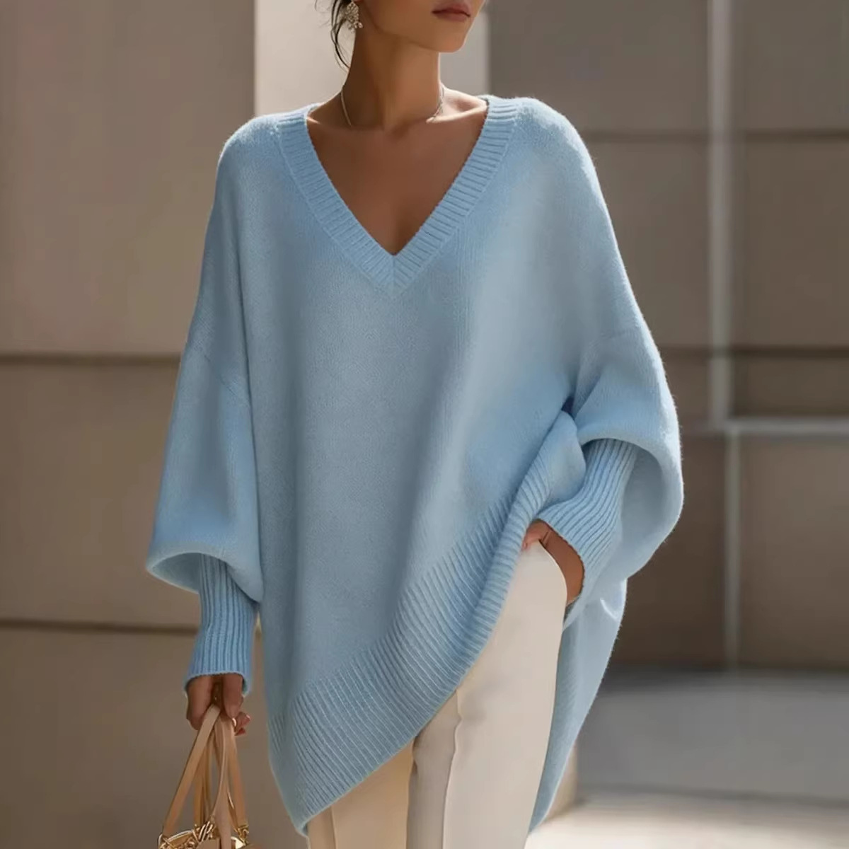 Women's Solid Color Long Sleeve V-Neck Knit Top