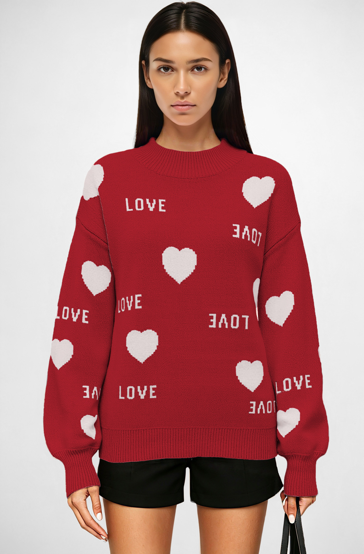 Heart Crewneck Knit Sweater Colorblock Pullover