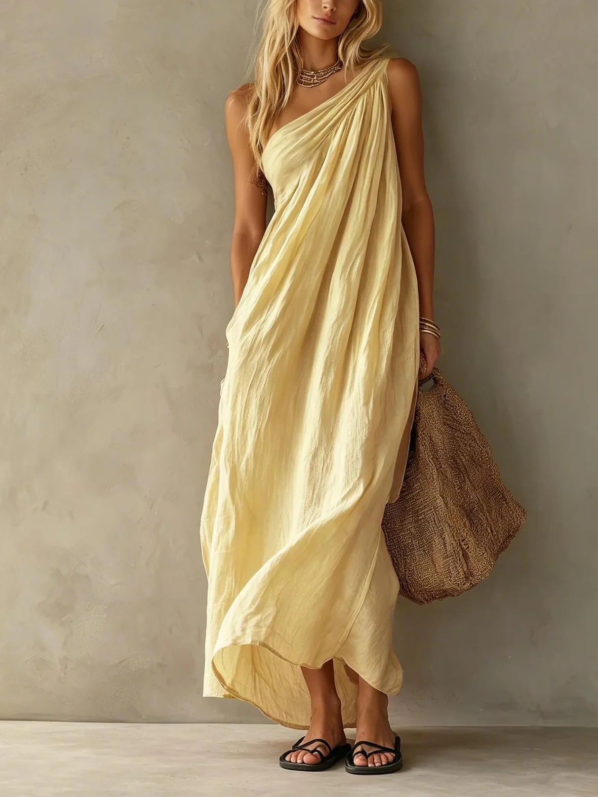 Slouchy One-Shoulder Ruched Long Dress with Pockets