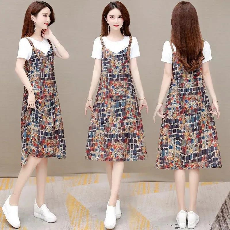 Plus Size Women's Summer Short Sleeve A-Line Dress with Faux Two-Piece Color Block Print