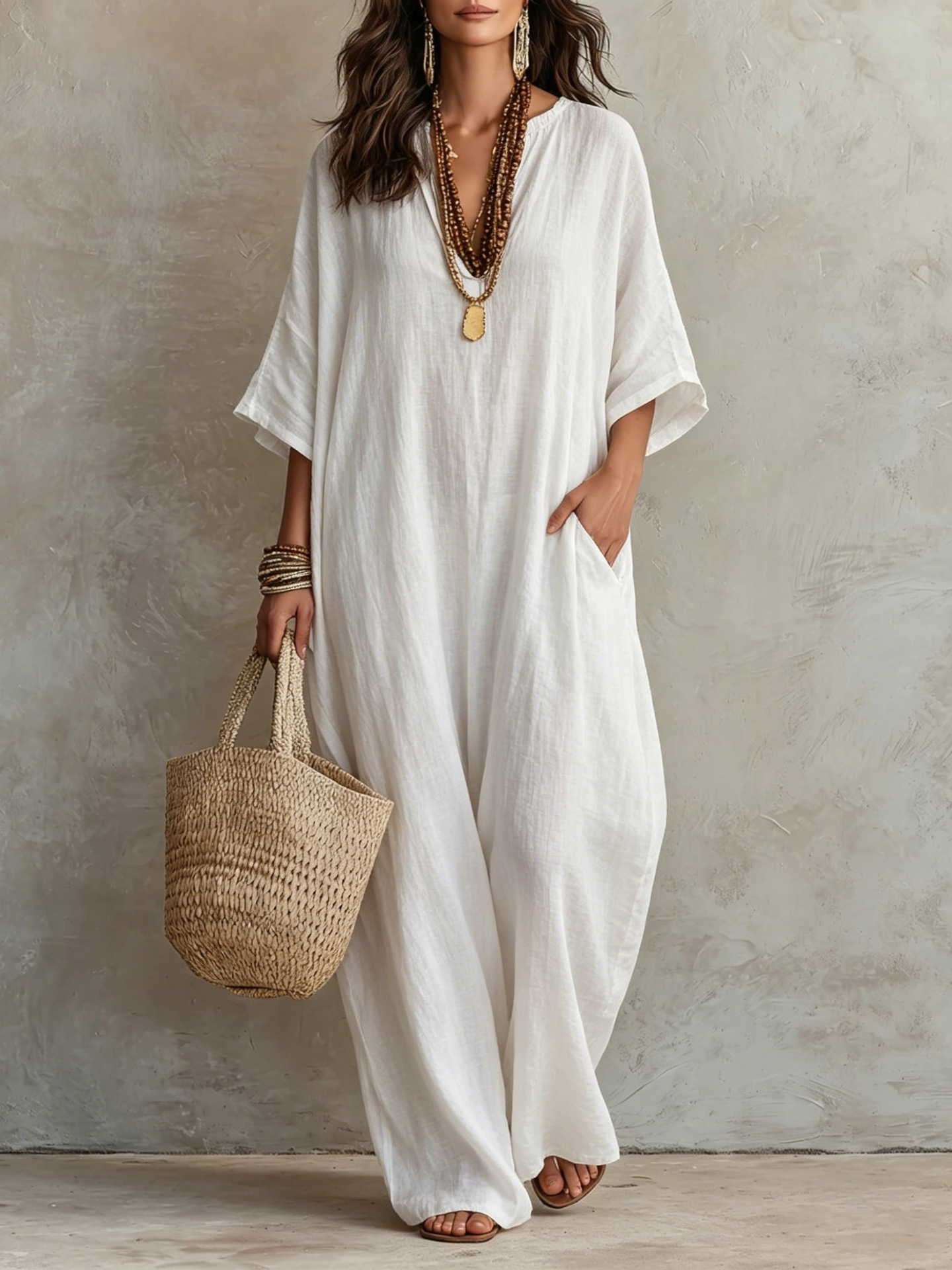 Cotton Linen Loose V-Neck Boho Maxi Dress 3/4 Sleeve