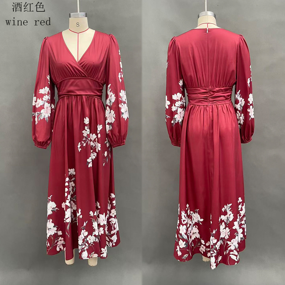 Floral Print V-Neck Pleated Long Sleeve Maxi Dress