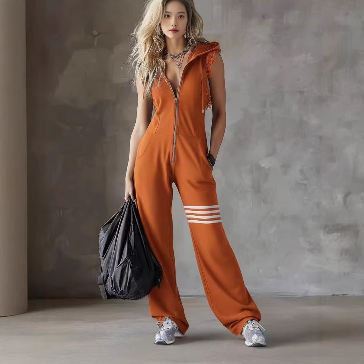 Women's Summer Sleeveless Hooded Romper Lace Striped Sporty Retro