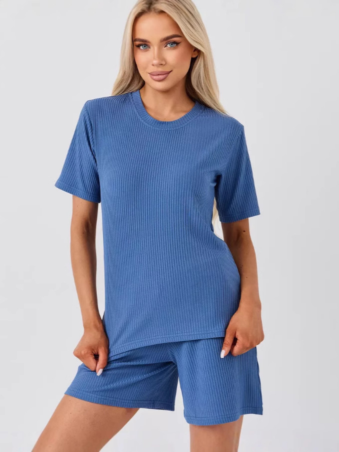 Women's Ribbed Short Sleeve & Shorts Two-Piece Set