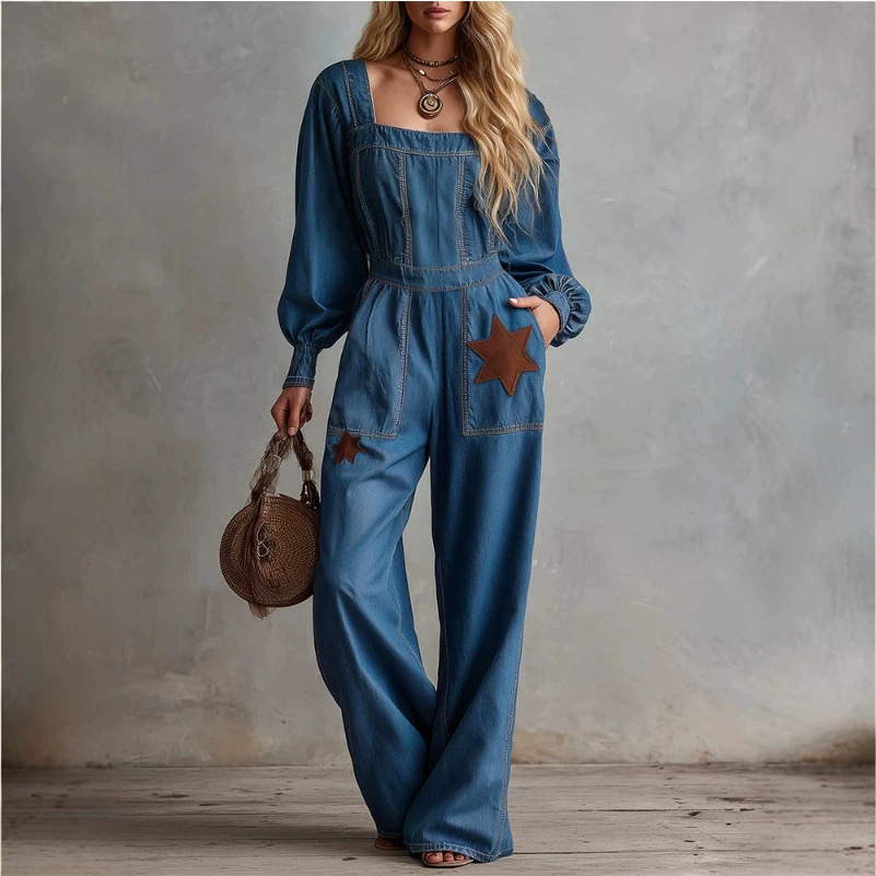 Western Retro Square Neck Star Patch Denim Jumpsuit