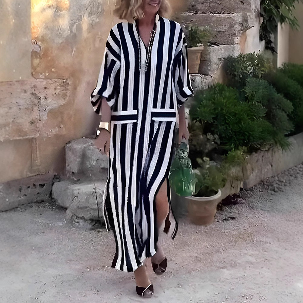 Striped Side Slit V-Neck Midi Dress