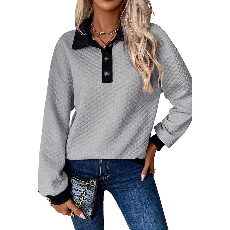 Women's Color-Block Buttoned Collar Pullover Sweatshirt Loose Fit