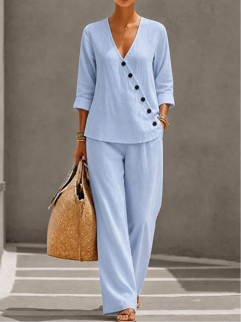 Women's Solid Color Button Top and Straight-Leg Pants Set