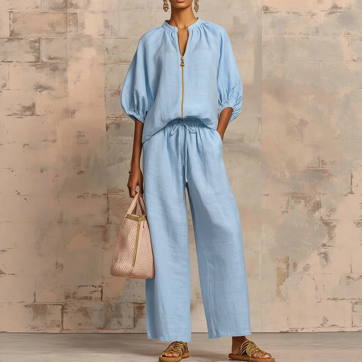 Women's Casual Solid Color Zip-Up Wide-Leg Pants Set