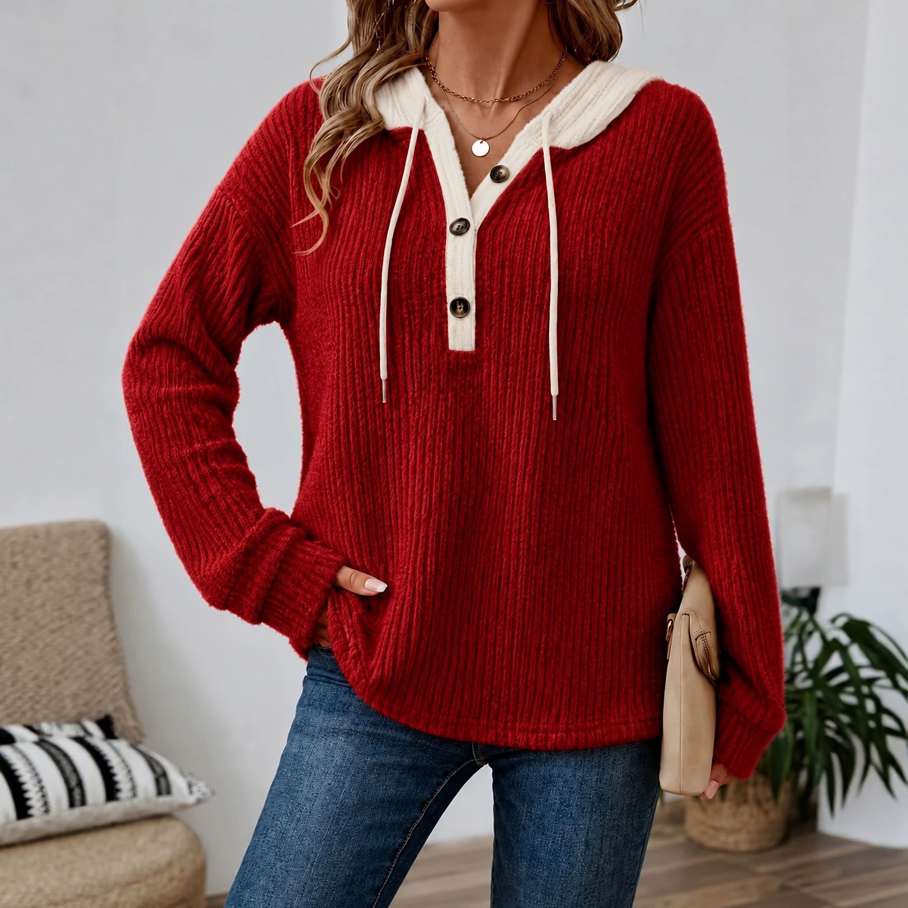 Women's Loose V-Neck Button Drawstring Hooded Casual Top