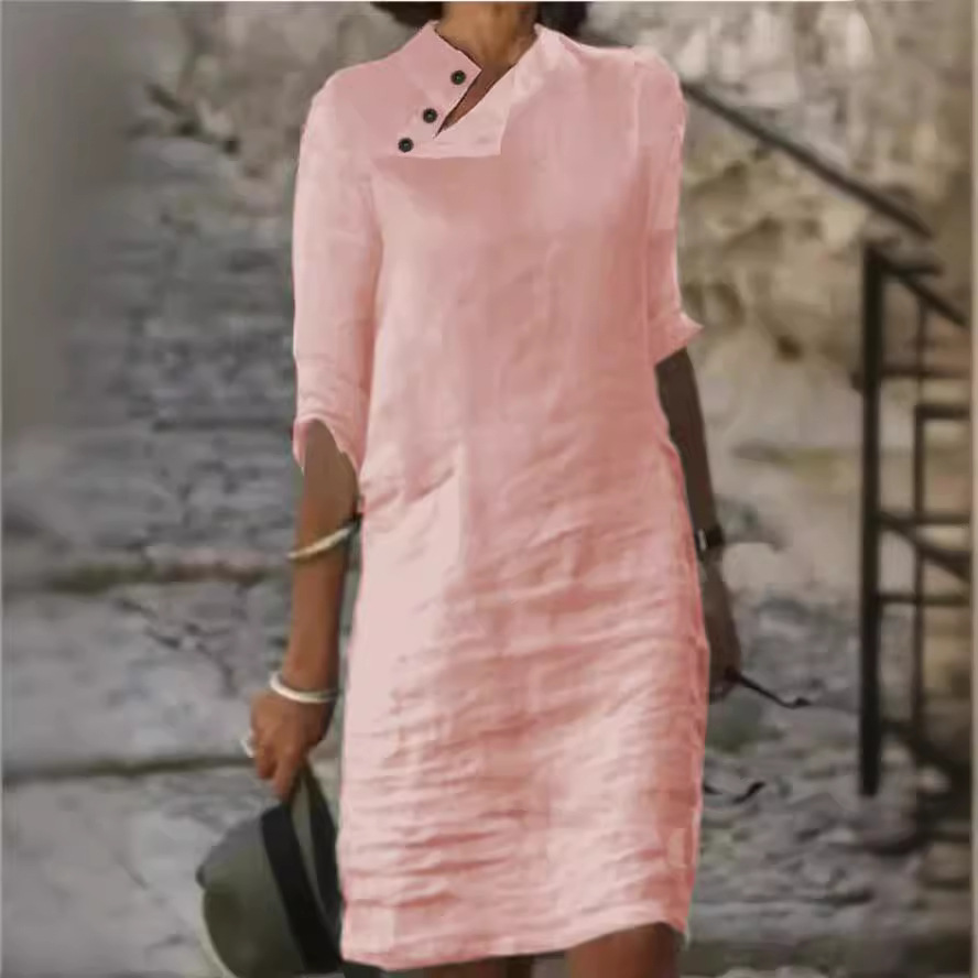 Women's Cotton Linen Button Front Stand Collar Midi Dress