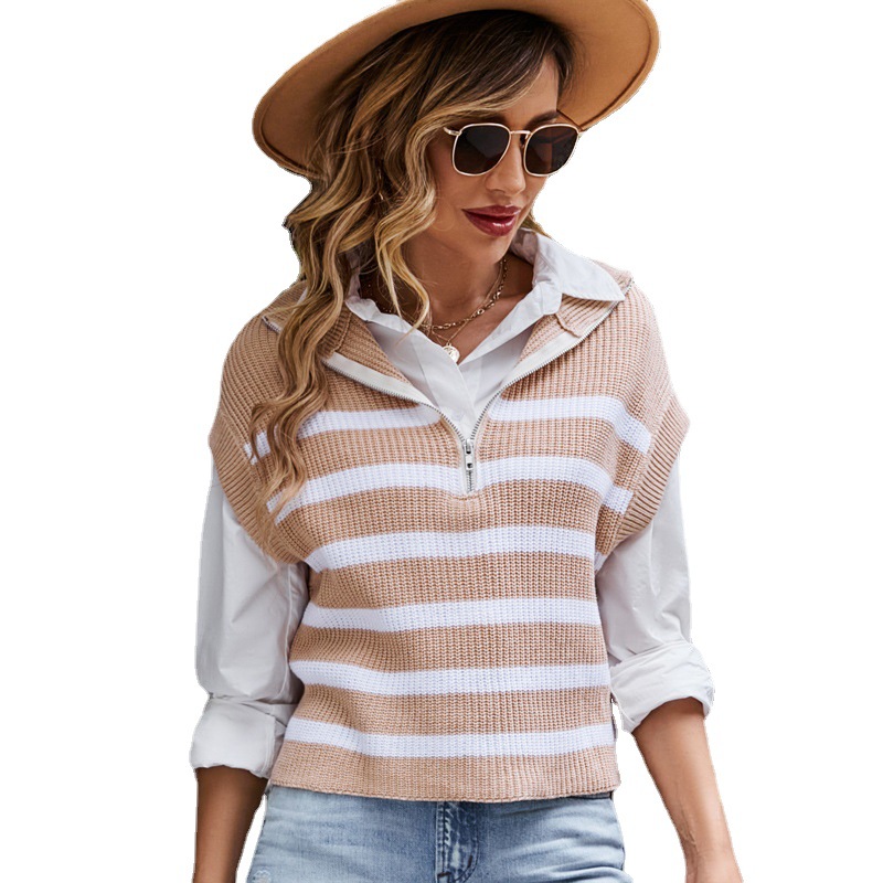 Striped Zip-Up Knit Vest Sleeveless Sweater